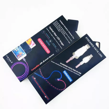 Prémium Adat- és Töltőkábel, Lightning/USB csatlakozó, villogó fény, 2A gyorstöltés, 1 méter, átlátszó borítás, fehér