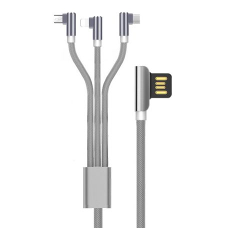 Prémium adat és töltő kábel, 3 az 1-ben, USB-ről Lightning/USB-C/MicroUSB csatlakozó, Android és iPhone készülékekhez, 1 méter, asztroszürke