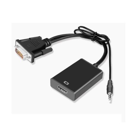 VGA+Jack->HDMI átalakító adapter, 3,5mm Jack kábellel, 0.25 méter VGA, 0.5 méter Jack, fekete