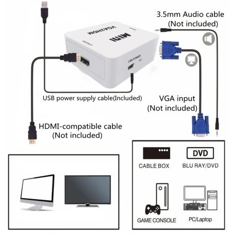 VGA+JackStereo -> HDMI átalakító adapter, 1080p, sztereo videó és audio konverter, fehér