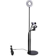   LED Gyűrűs Flexibilis Asztali Telefontartó Mikrofonállvány, Kör alakú, Meleg/Semleges/Hideg fény, Vezetékes távirányító, fekete állvány