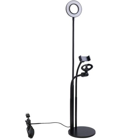 LED Gyűrűs Flexibilis Asztali Telefontartó Mikrofonállvány, Kör alakú, Meleg/Semleges/Hideg fény, Vezetékes távirányító, fekete állvány