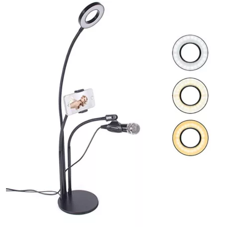 LED Gyűrűs Flexibilis Asztali Telefontartó Mikrofonállvány, Kör alakú, Meleg/Semleges/Hideg fény, Vezetékes távirányító, fekete állvány