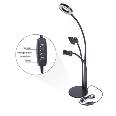 LED Gyűrűs Flexibilis Asztali Telefontartó Mikrofonállvány, Kör alakú, Meleg/Semleges/Hideg fény, Vezetékes távirányító, fekete állvány