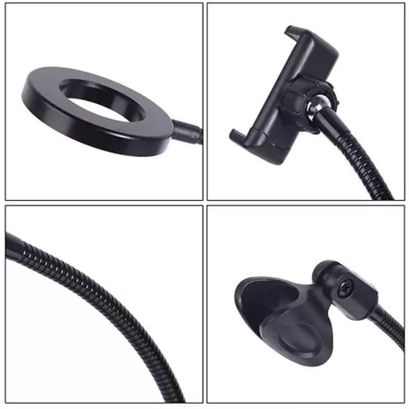 LED Gyűrűs Flexibilis Asztali Telefontartó Mikrofonállvány, Kör alakú, Meleg/Semleges/Hideg fény, Vezetékes távirányító, fekete állvány