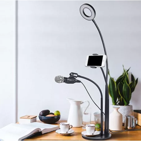 LED Gyűrűs Flexibilis Asztali Telefontartó Mikrofonállvány, Kör alakú, Meleg/Semleges/Hideg fény, Vezetékes távirányító, fekete állvány