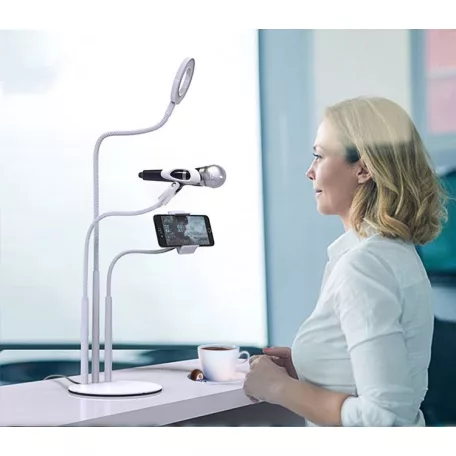 LED Gyűrűs Flexibilis Asztali Telefontartó Mikrofonállvány, Kör alakú, Meleg/Semleges/Hideg fény, Vezetékes távirányító, fekete állvány