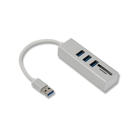 3in1 USB elosztó és kártya olvasó (USB3.0->3xUSB3.0,MicroSD/TF,SD), támogatja a MicroSD/TF és SD kártyákat, USB3.0, Ezüst