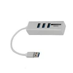   3in1 USB elosztó és kártya olvasó (USB3.0->3xUSB3.0,MicroSD/TF,SD), támogatja a MicroSD/TF és SD kártyákat, USB3.0, Ezüst
