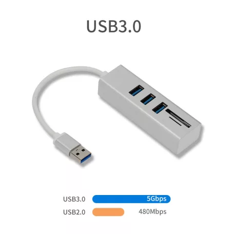 3in1 USB elosztó és kártya olvasó (USB3.0->3xUSB3.0,MicroSD/TF,SD), támogatja a MicroSD/TF és SD kártyákat, USB3.0, Ezüst
