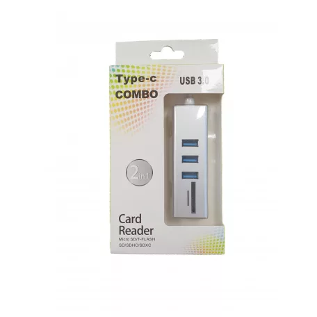 3in1 USB elosztó és kártya olvasó (USB3.0->3xUSB3.0,MicroSD/TF,SD), támogatja a MicroSD/TF és SD kártyákat, USB3.0, Ezüst