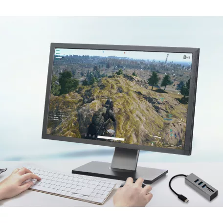 3in1 USB elosztó és kártya olvasó (USB3.0->3xUSB3.0,MicroSD/TF,SD), támogatja a MicroSD/TF és SD kártyákat, USB3.0, Ezüst