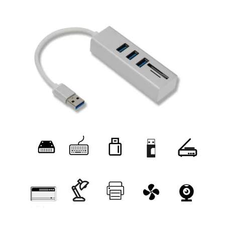 3in1 USB elosztó és kártya olvasó (USB3.0->3xUSB3.0,MicroSD/TF,SD), támogatja a MicroSD/TF és SD kártyákat, USB3.0, Ezüst