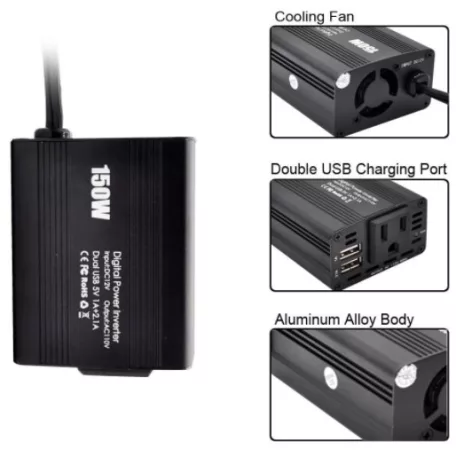 150W Szivargyújtós Digitális Adapter/Inverter, 220V-os kimenettel fekete