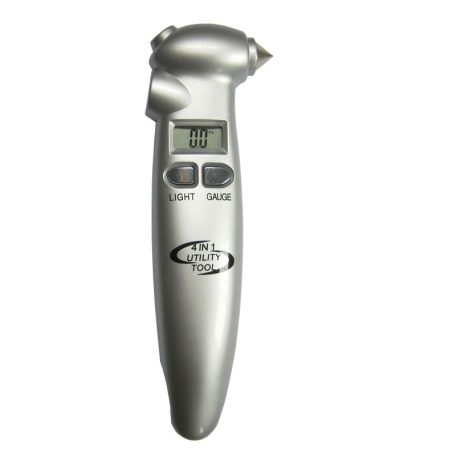 Digitális keréknyomás mérő 4IN1: ablaktörő, övvágó, keréknyomás mérő, lámpa, szürke