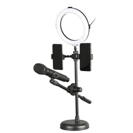Professzionális Asztali LED Selfie Ring/Körfény, Ø16cm, fotó, videó, live stream, 2xTelefontartóval, 1xMikrofontartó, fekete állvány