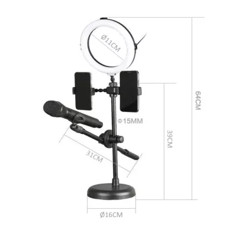 Professzionális Asztali LED Selfie Ring/Körfény, Ø16cm, fotó, videó, live stream, 2xTelefontartóval, 1xMikrofontartó, fekete állvány