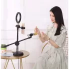 Professzionális Asztali LED Selfie Ring/Körfény, Ø16cm, fotó, videó, live stream, 2xTelefontartóval, 1xMikrofontartó, fekete állvány