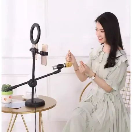 Professzionális Asztali LED Selfie Ring/Körfény, Ø16cm, fotó, videó, live stream, 2xTelefontartóval, 1xMikrofontartó, fekete állvány