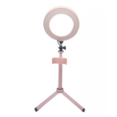 Professzionális Selfie Ring LED/Körfény, Ø16cm LED, Meleg/Semleges/Hideg fényű körgyűrű, telefontartóval, rózsaszín állvány