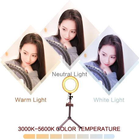 Professzionális Selfie Ring LED/Körfény, Ø16cm LED, Meleg/Semleges/Hideg fényű körgyűrű, telefontartóval, rózsaszín állvány