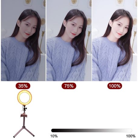 Professzionális Selfie Ring LED/Körfény, Ø16cm LED, Meleg/Semleges/Hideg fényű körgyűrű, telefontartóval, rózsaszín állvány