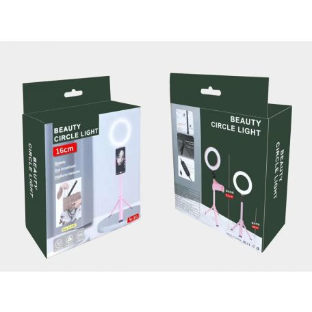 Professzionális Selfie Ring LED/Körfény, Ø16cm LED, Meleg/Semleges/Hideg fényű körgyűrű, telefontartóval, rózsaszín állvány
