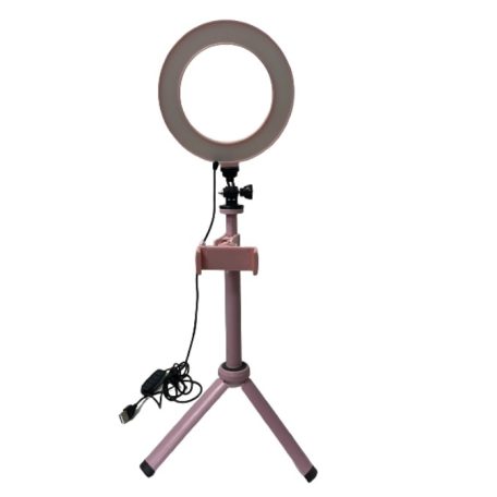 Professzionális Selfie Ring LED/Körfény, Ø16cm LED, Meleg/Semleges/Hideg fényű körgyűrű, telefontartóval, rózsaszín állvány