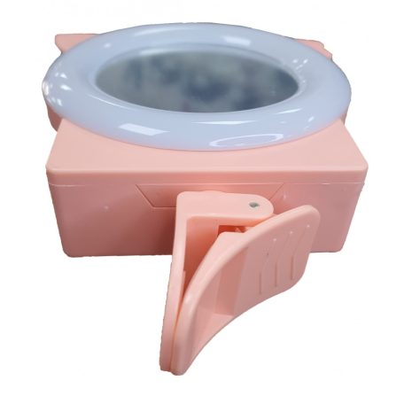 Univerzális Szelfi LED Tükör, gyűrű ring/körfény, telefonra, tabletre csíptethető, rózsaszín keret