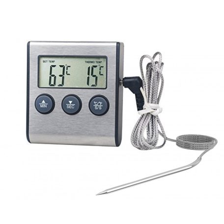 Digitális Ételhőmérő és Konyhai Időzitő, LCD kijelzővel, hőmérővel mágneses hátlappal, asztali támasztóval ±1°C, ezüst