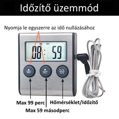 Digitális Ételhőmérő és Konyhai Időzítő, LCD kijelzővel, hőmérővel mágneses hátlappal, asztali támasztóval ±1°C, ezüst