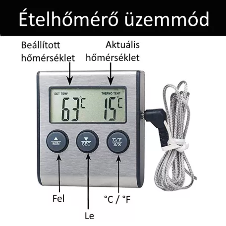 Digitális Ételhőmérő és Konyhai Időzítő, LCD kijelzővel, hőmérővel mágneses hátlappal, asztali támasztóval ±1°C, ezüst
