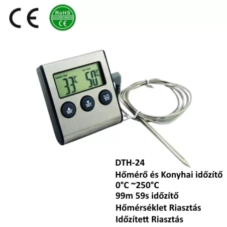 Digitális Ételhőmérő és Konyhai Időzítő, LCD kijelzővel, hőmérővel mágneses hátlappal, asztali támasztóval ±1°C, ezüst