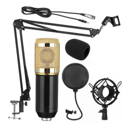 Professzionális kondenzátor stúdió mikrofon, állvánnyal és kiegészítőkkel, arany-fekete