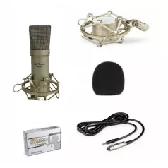   Professzionális kondenzátor stúdió mikrofon, vezetékes, Szélzaj-védő szivacs, Shock mount mikrofontartóval, aranybarna