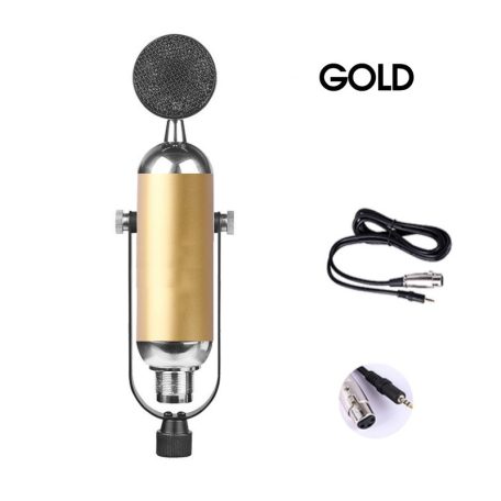 Professzionális kondenzátor stúdió mikrofon, vezetékes, állítható dőlésszögű, U alakú mikrofontartóval, arany szín