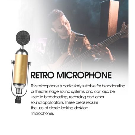 Professzionális kondenzátor stúdió mikrofon, vezetékes, állítható dőlésszögű, U alakú mikrofontartóval, arany szín
