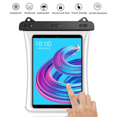 Univerzális vízálló védőtok tablet és okostelefonhoz, max 12″ méretig, fekete-átlátszó