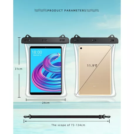 Univerzális vízálló védőtok tablet és okostelefonhoz, max 12″ méretig, fekete-átlátszó