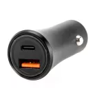 Autós USB szivargyújtó töltő, 1xUSB-C, 1xUSB csatlakozóval, gyorstöltés 5V/3A, max. 18W, fekete