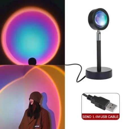 LED Projektor Naplemente Vetítéssel, Sunset Lamp, USB áramellátás, dönthető fej, 180°, fekete állvány