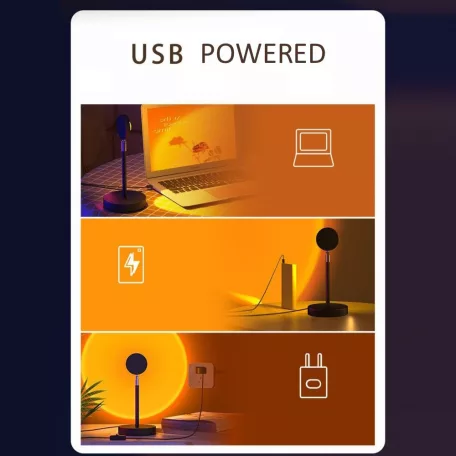 LED Projektor Naplemente Vetítéssel, Sunset Lamp, USB áramellátás, dönthető fej, 180°, fekete állvány