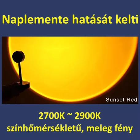 LED Projektor Naplemente Vetítéssel, Sunset Lamp, USB áramellátás, dönthető fej, 180°, fekete állvány