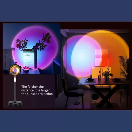 LED Projektor Naplemente Vetítéssel, Sunset Lamp, USB áramellátás, dönthető fej, 180°, fekete állvány