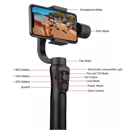 Gimbal S5B Okostelefon Képstabilizátor, 3 tengelyes, automatikus arckövetés, Bluetooth v5.0, újratölthető akkumulátor, fekete
