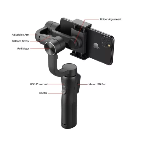 Gimbal S5B Okostelefon Képstabilizátor, 3 tengelyes, automatikus arckövetés, Bluetooth v5.0, újratölthető akkumulátor, fekete