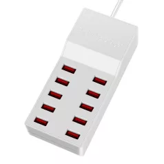   USB hálózati töltő, 10xUSB port, 50W gyorstöltés, fehér