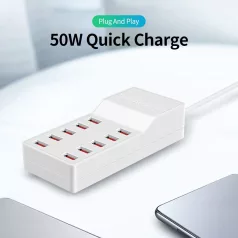   USB hálózati töltő, 10xUSB port, 50W gyorstöltés, fehér