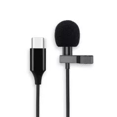   Lavalier sztereó mikrofon, csiptetős, USB-C csatlakozóval, okostelefonhoz, Szélzaj-védő szivaccsal, fekete