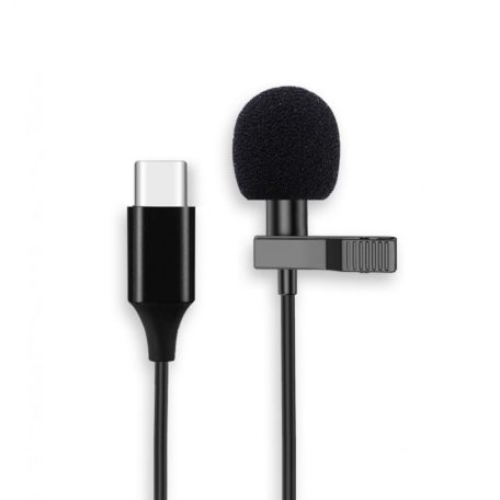 Csiptetős Mikrofon, sztereó, USB-C csatlakozóval, okostelefonhoz, Szélzaj-védő szivaccsal, fekete